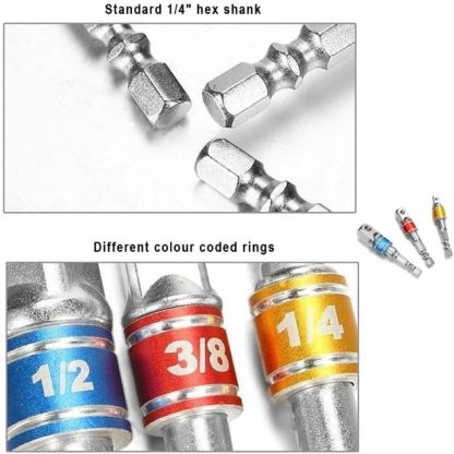 3-Piece Drill Socket Adapter Set – 1/4" 3/8" 1/2" Hex Shank Adapters