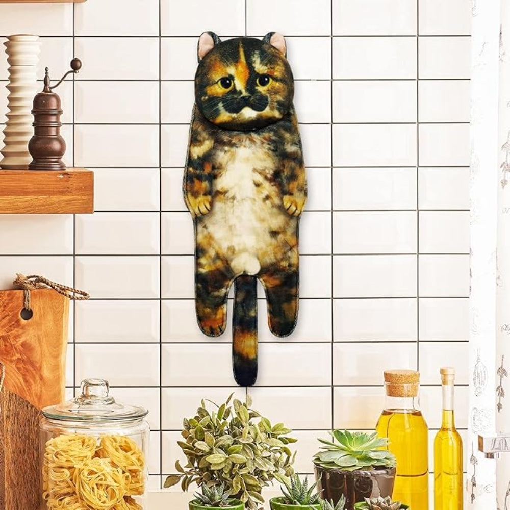 Adorable Cat Hand Towel With Hanging Loop - Tortoiseshell Cat