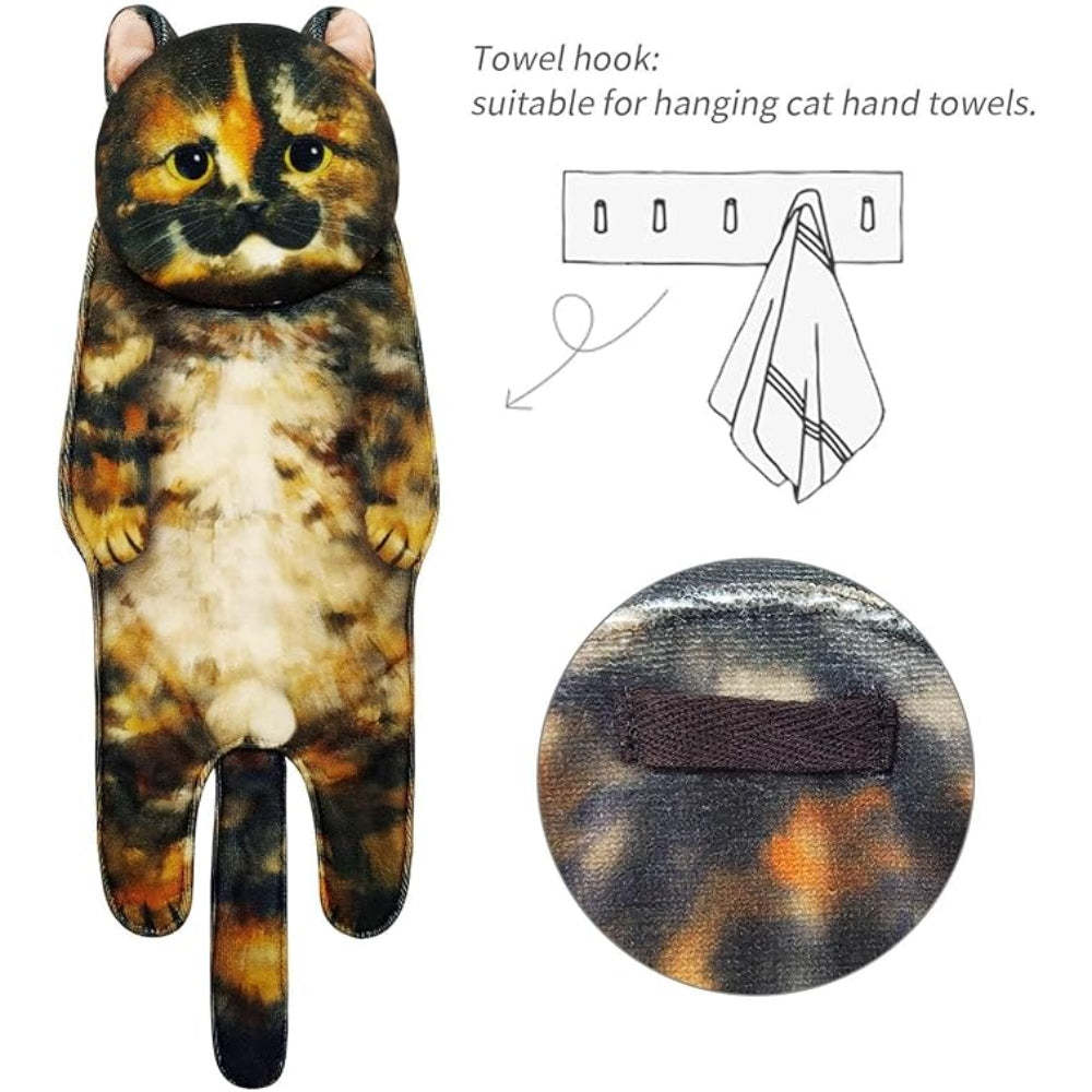 Adorable Cat Hand Towel With Hanging Loop - Tortoiseshell Cat