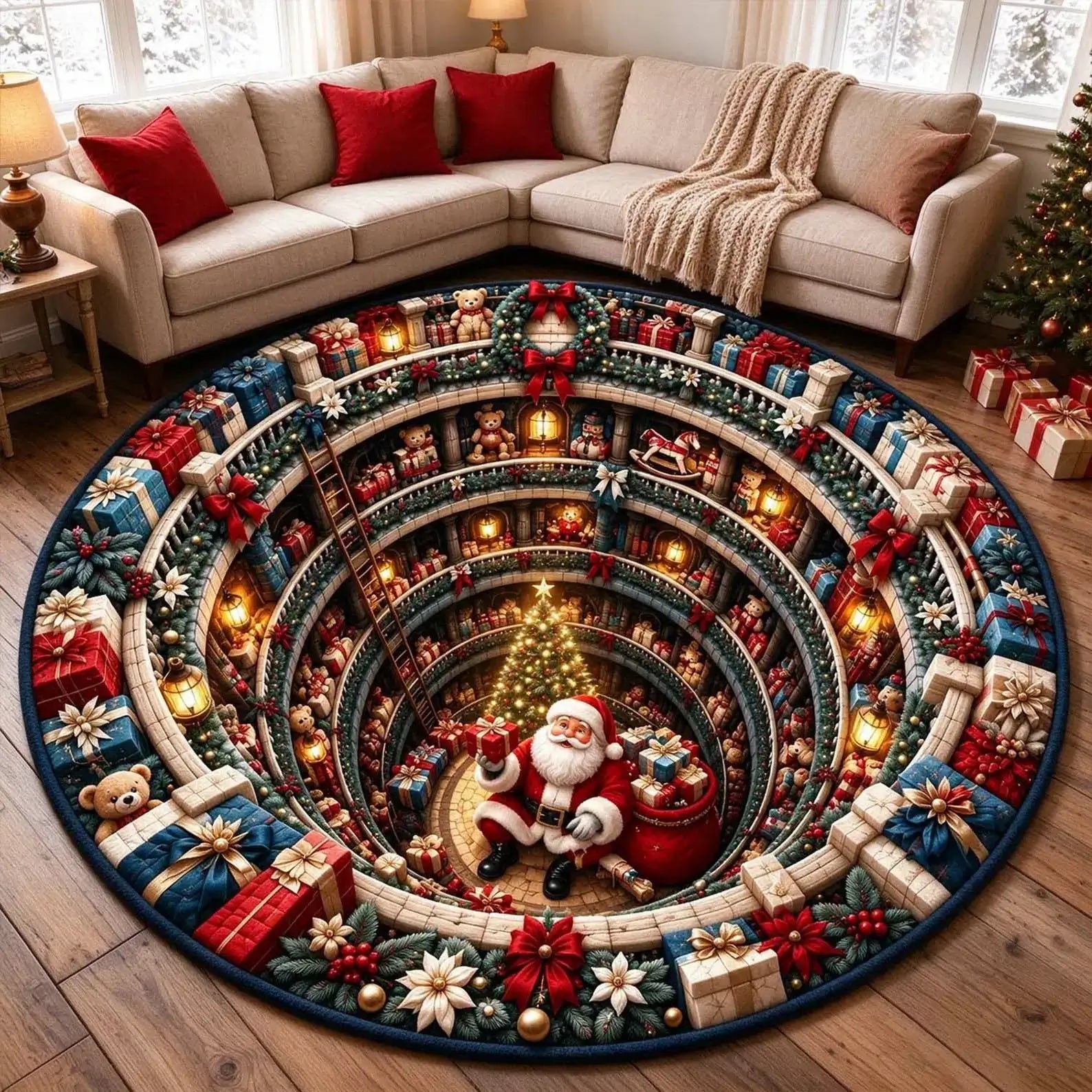 A round Christmas-themed area rug displayed on a wooden floor in a living room setting. The rug features a detailed 3D-style illustration of Santa Claus in the center, surrounded by gift boxes, ornaments, and a Christmas tree, with a winding staircase effect creating a depth illusion.