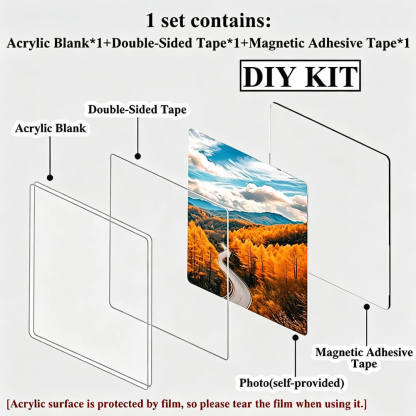 DIY acrylic wall art kit with labeled parts: acrylic blank, double-sided tape, magnetic adhesive tape, and a sample photo tape showing an autumn landscape. Text states one set contains all components.