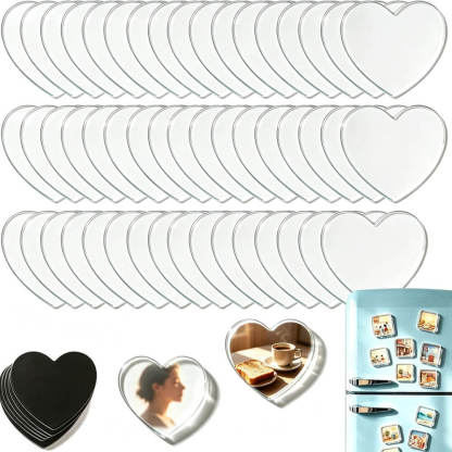 A set of heart-shaped refrigerator magnets shown on a white background, including plain clear/white magnets, a stack of black magnets, one with a woman's profile photo, one with toast and a coffee cup photo, and a light blue refrigerator decorated with multiple heart magnets.