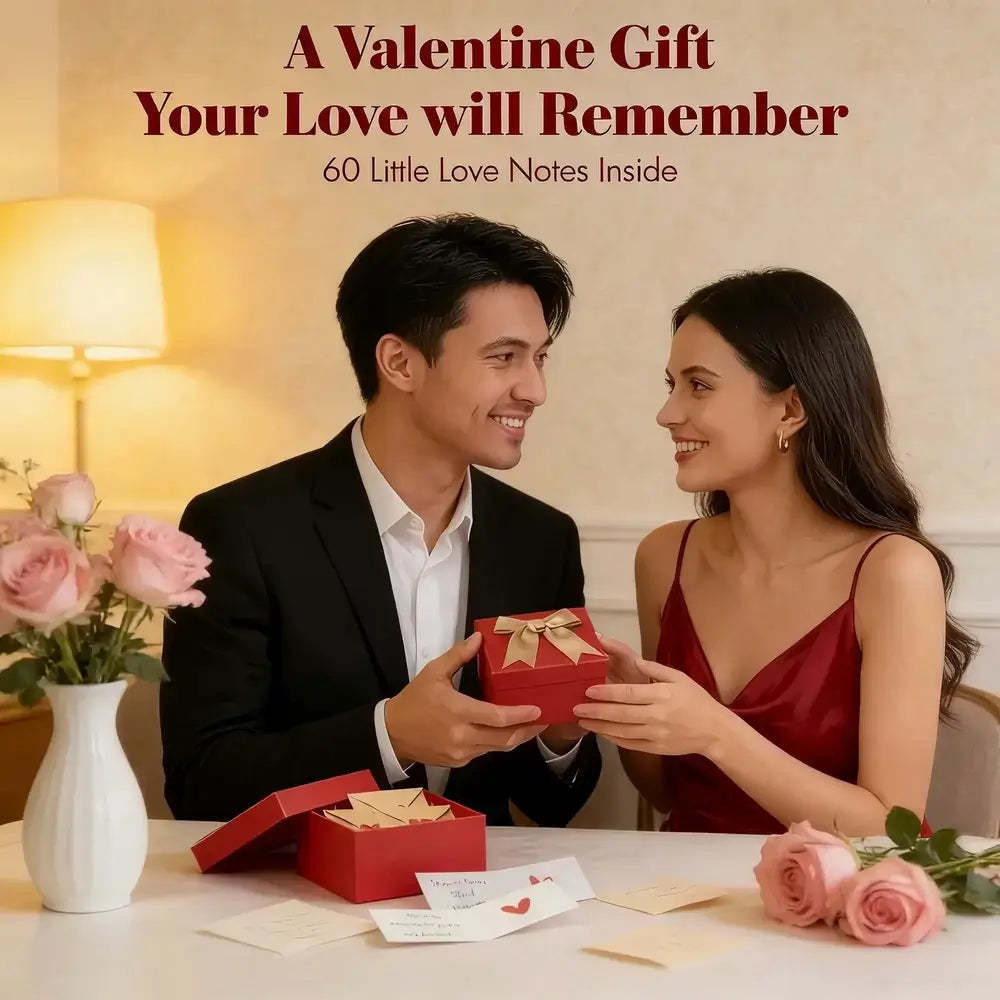 A romantic Valentine's Day gift scene with a man in a black suit presenting a red gift box with a gold ribbon to a woman in a burgundy dress. The text at the top reads 'A Valentine Gift Your Love will Remember' and '60 Little Love Notes Inside.