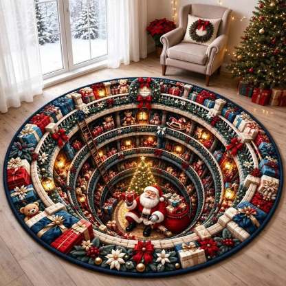 A round Christmas-themed area rug displayed on a wooden floor in a cozy living room. The rug features a detailed spiral design depicting Santa Claus, gifts, ornaments, and a small Christmas tree, surrounded by a dark blue border with white snowflake motifs.
