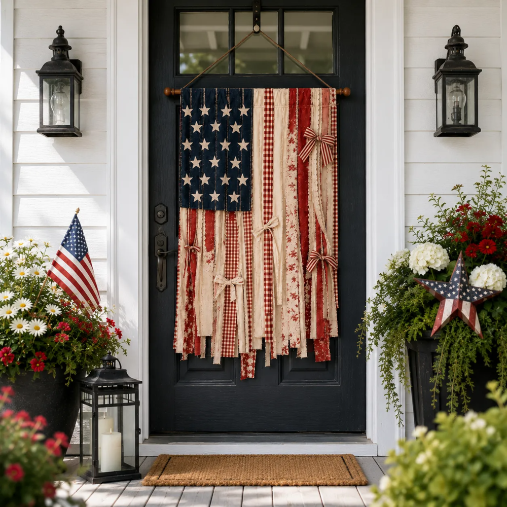 Lighted Rustic American Flag Hanging Banner