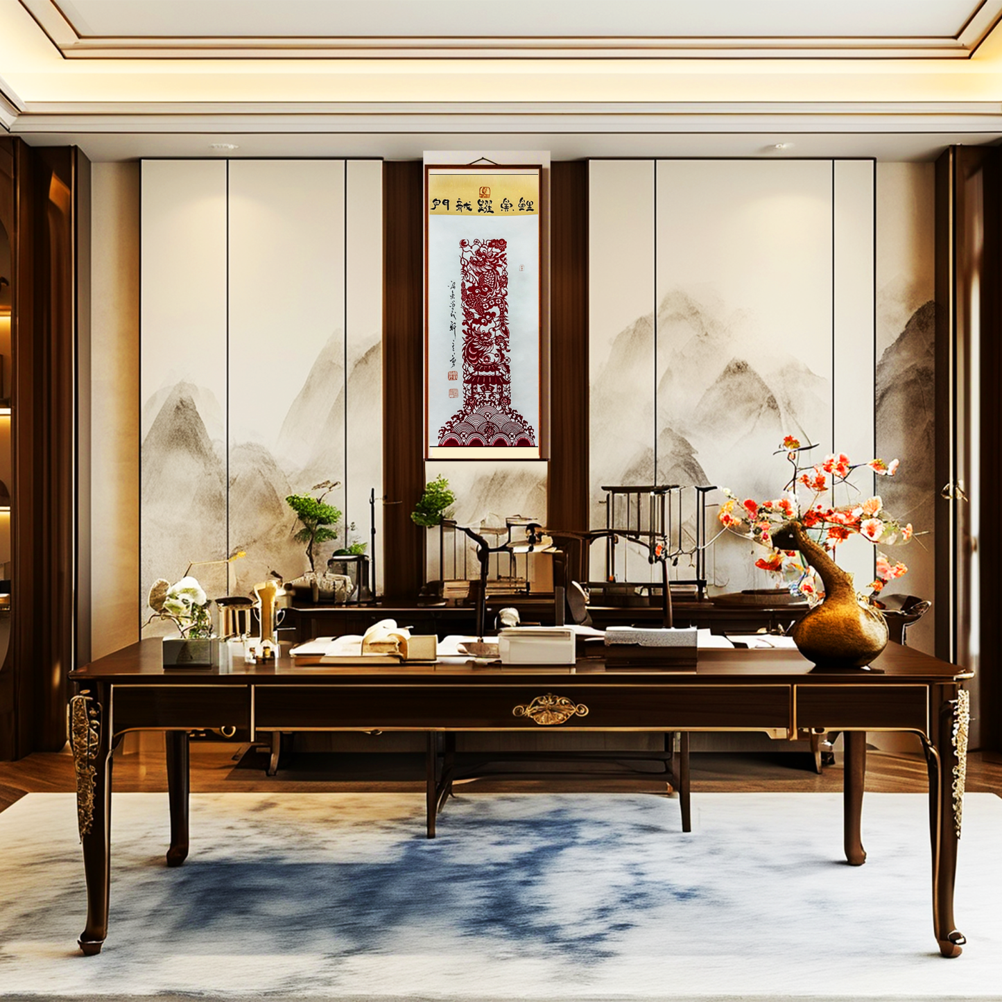 Paper-cut horizontal scroll of "Carp Jumping over the Dragon Gate"