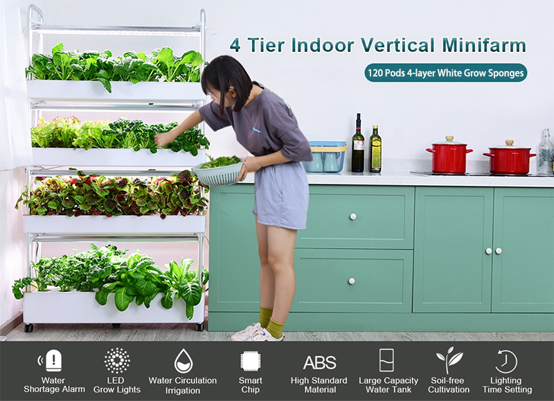 120 Pods Hydroponic Vertical Gardening Systems, 4-layer Hydroponics Growing System Kits with 48L Water Tank, LED Grow Lights, Monitoring Alarm, 4 Tier Indoor Vertical Minifarm 