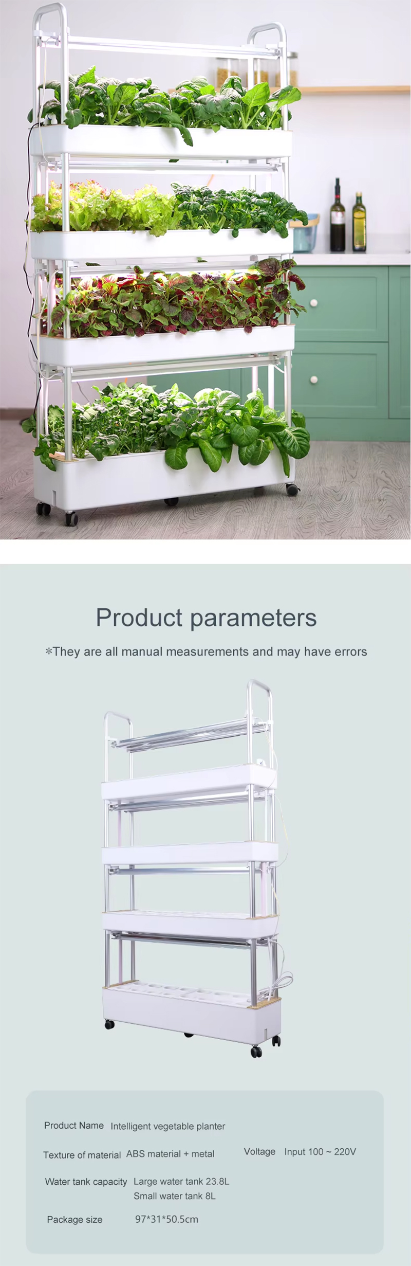 120 Pods Hydroponic Vertical Gardening Systems, 4-layer Hydroponics Growing System Kits with 48L Water Tank, LED Grow Lights, Monitoring Alarm, Product Parameters