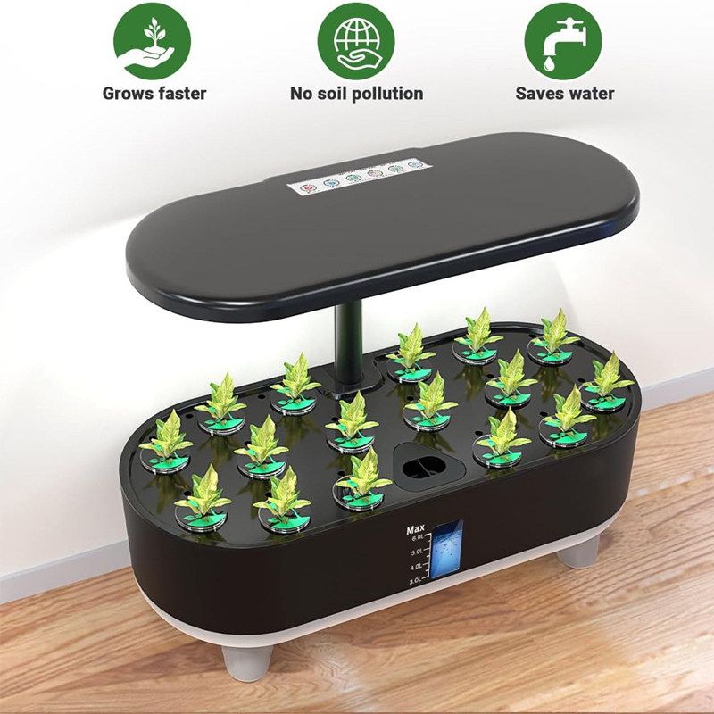 an indoor fresh vegetable hydroponic planter of hydroponics growing system kit, 16 pods herb garden with 3 smart light modes(Vegetables Mode, Flowers & Fruits Mode) of 28W full-spectrum grow lights & auto timer, an 8L large herb garden, ideal gardening gift for women, men, or children (Black).
