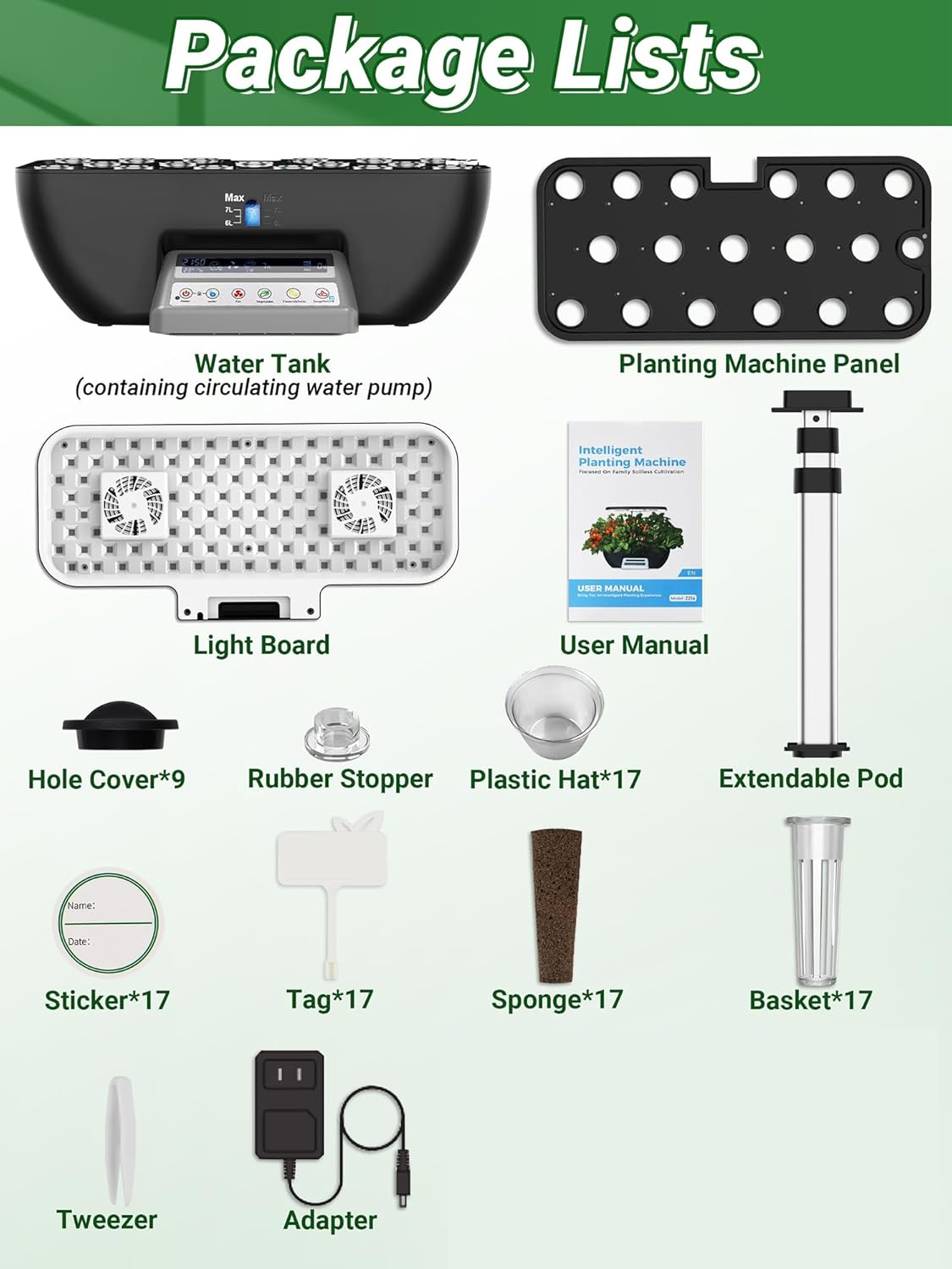 17 Pods Growing Hydroponic Vegetable System Kit Package Lists