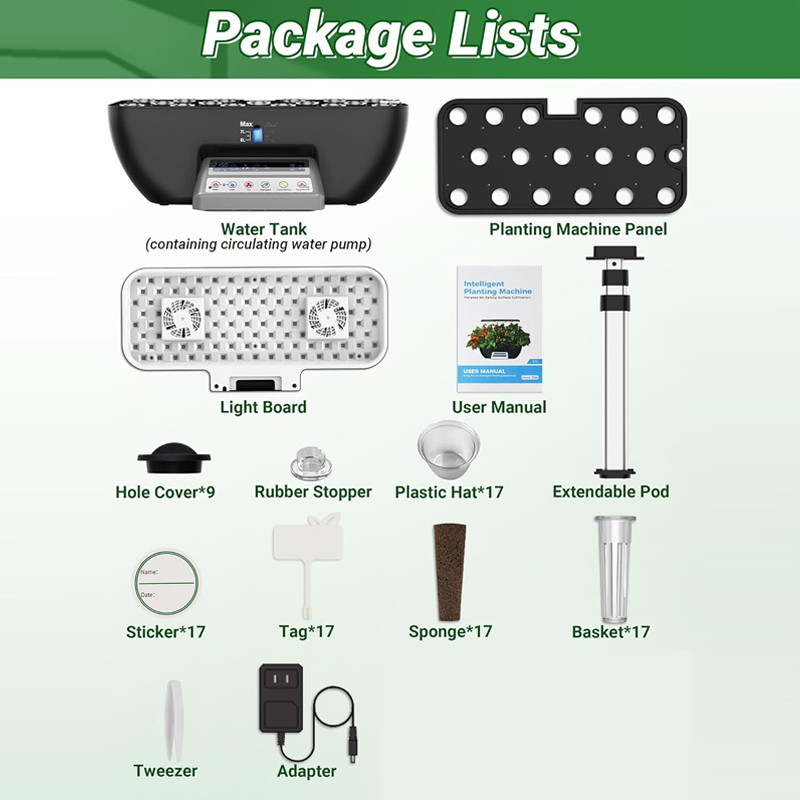 17 Pods Growing Hydroponic Vegetable System Kit Package Lists