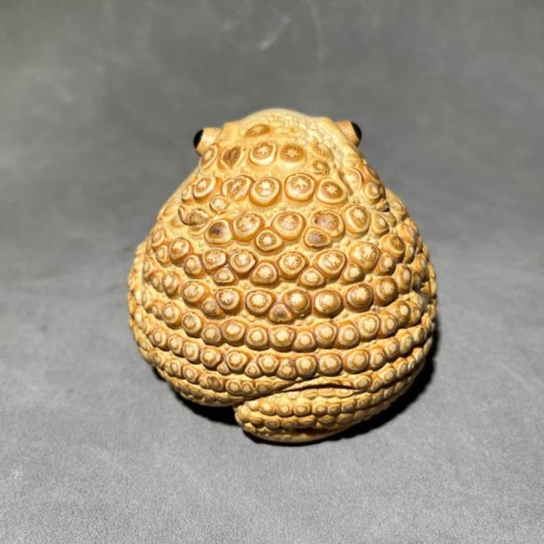 2.8” Purely Handmade Carved Bamboo Root Toad, Eagle Beak, Live Eyes and Three Legs, Artwork Specifications-5