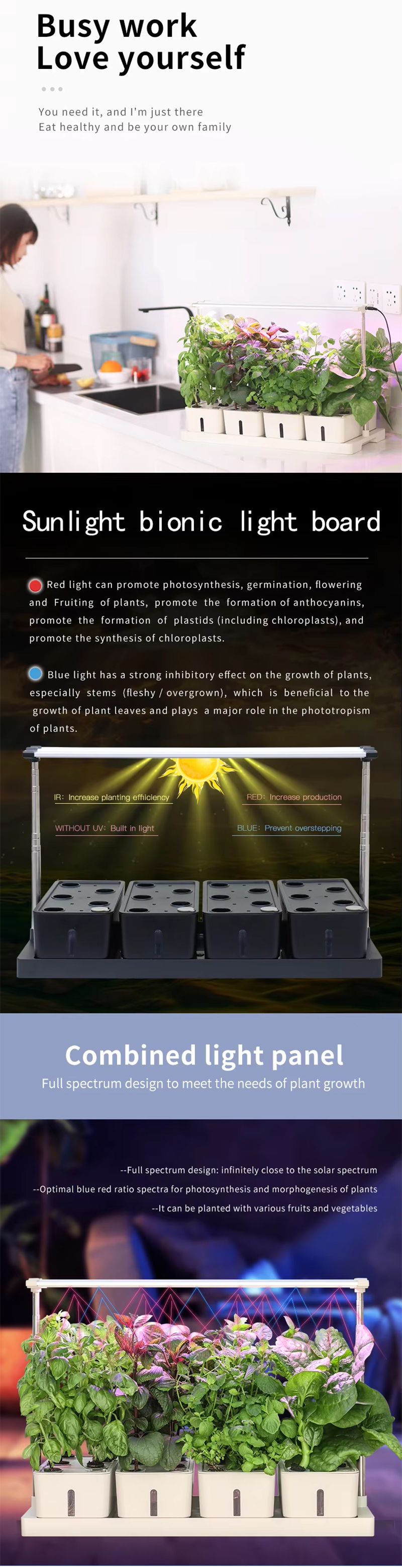 20 Pods Hydroponic System Kit, LED Grow Light Timer Indoor Herb Garden, Busy work love yourself, sunlight bionic light board, combined light panel