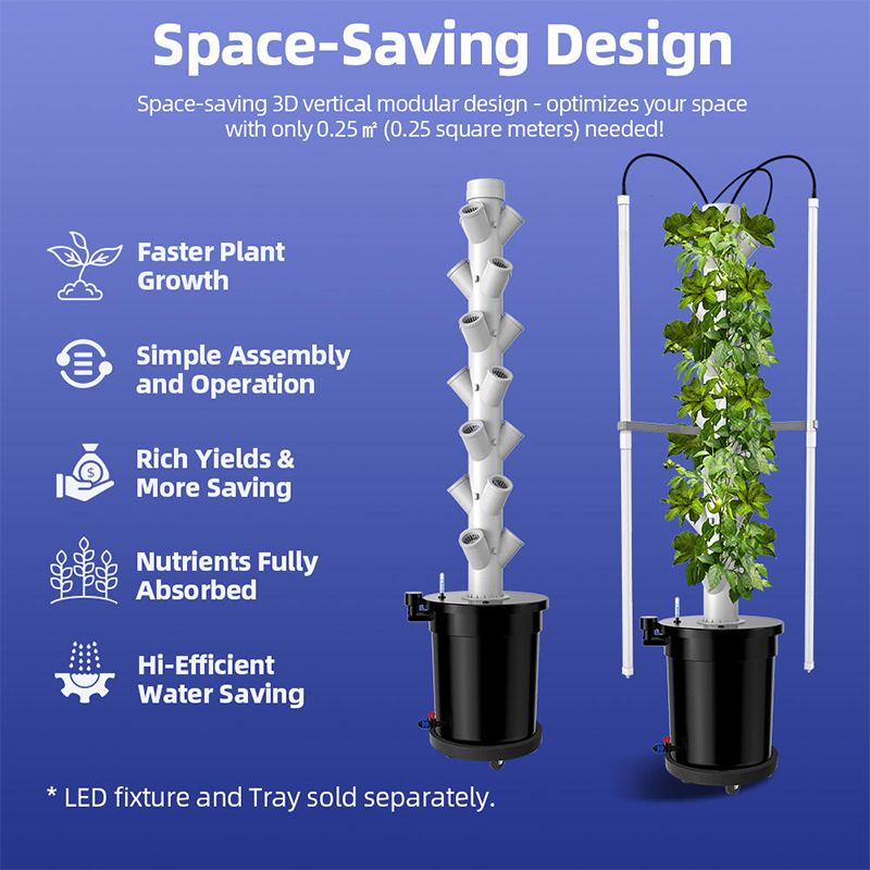 21-pod 7-layer hydroponic tower garden, a unit featuring the hydroponic drip irrigation system with LED grow lights, a space-saving 3D vertical modular design that optimizes your space and allows you to grow indoor or outdoor gardens in as little as 0.25m²