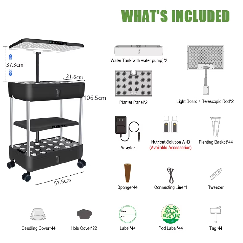 22-44 Pods Hydroponics Growing System Kit, Double Layer 2 × 13.3L, Smart Vertical Vegetable Garden, package list
