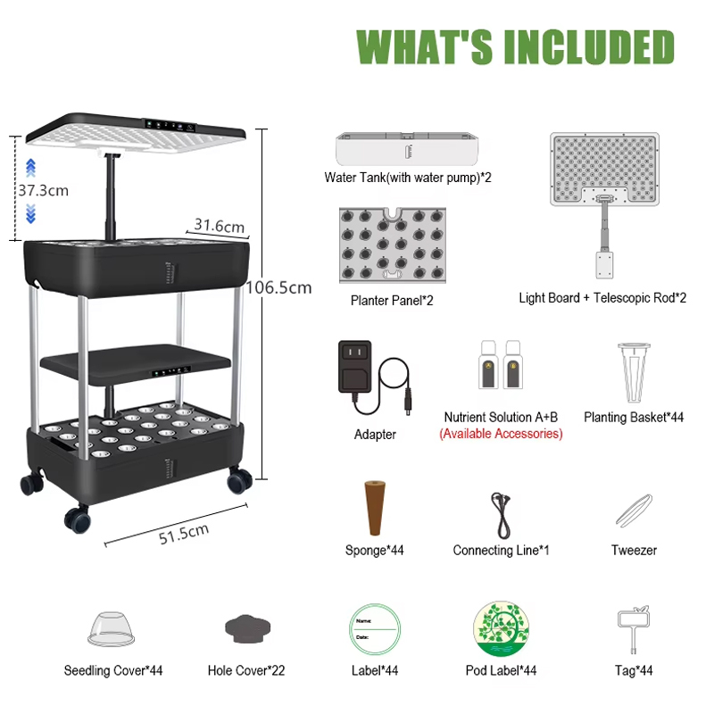 22-44 Pods Hydroponics Growing System Kit, Double Layer 2 × 13.3L, Smart Vertical Vegetable Garden, package list