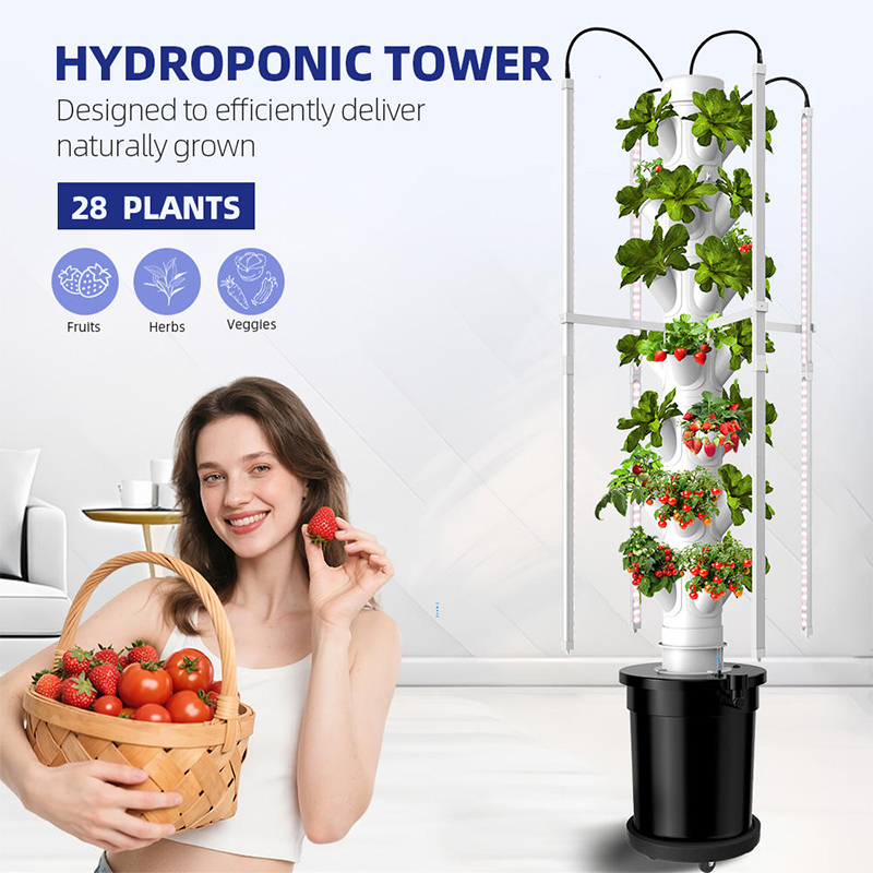 28-Plant Pods 7-Layer Drip Irrigation Hydroponics System Tower With LED Grow Lights