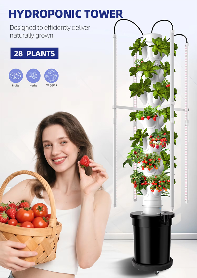 28-Plant Pods 7-Layer Drip Irrigation Hydroponics System Tower With LED for Sale