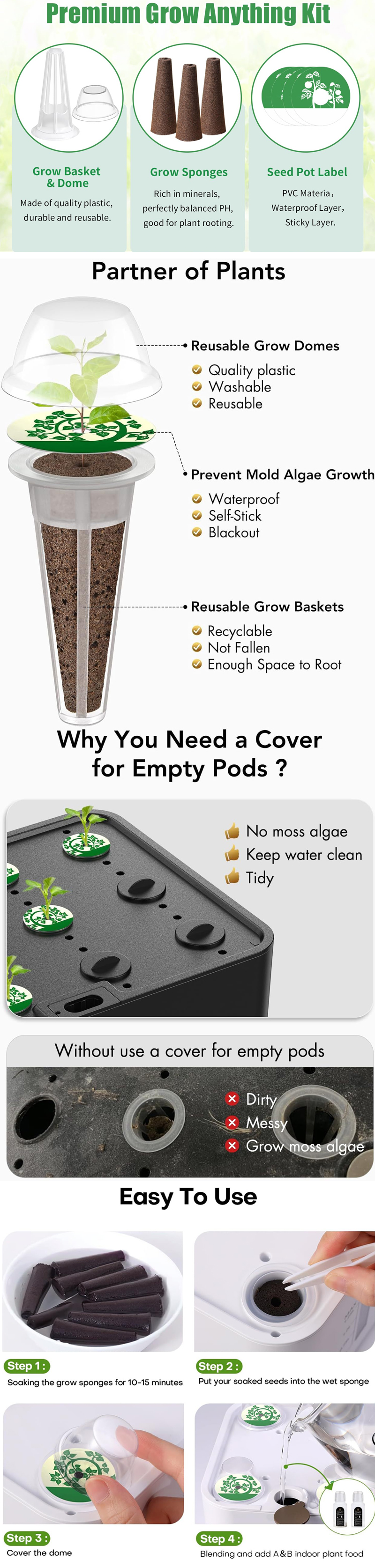 30Pcs Seed Pod Kit with Grow Baskets, Sponges, Domes, Pod Labels, Covers, and Tweezers. Product introduction