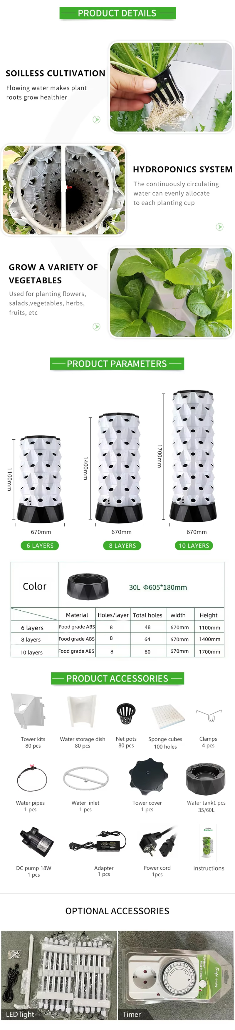 48-80 Pods Hydroponic Garden Tower Vertical Garden Growing System Kits with LED Grow Lights 6-10 Layers Indoor & Outdoor, Product Details