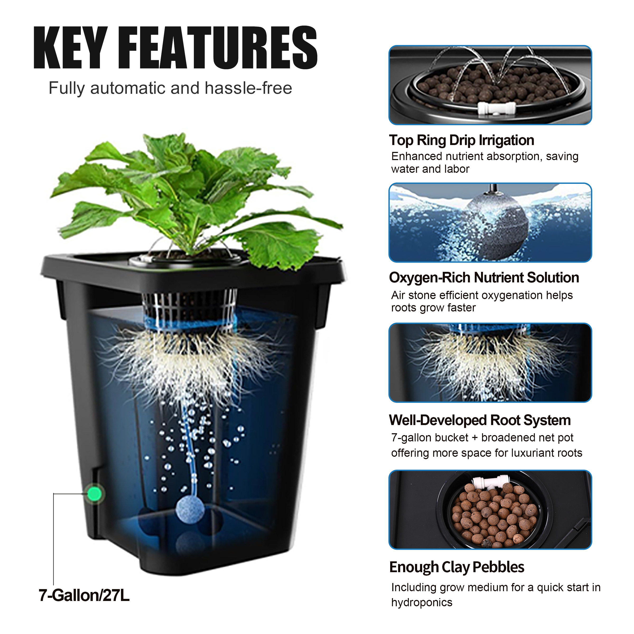 5 Betilife 4 Buckets RDWC Hydroponic System 7 Gallon 27L Deatail Key Features