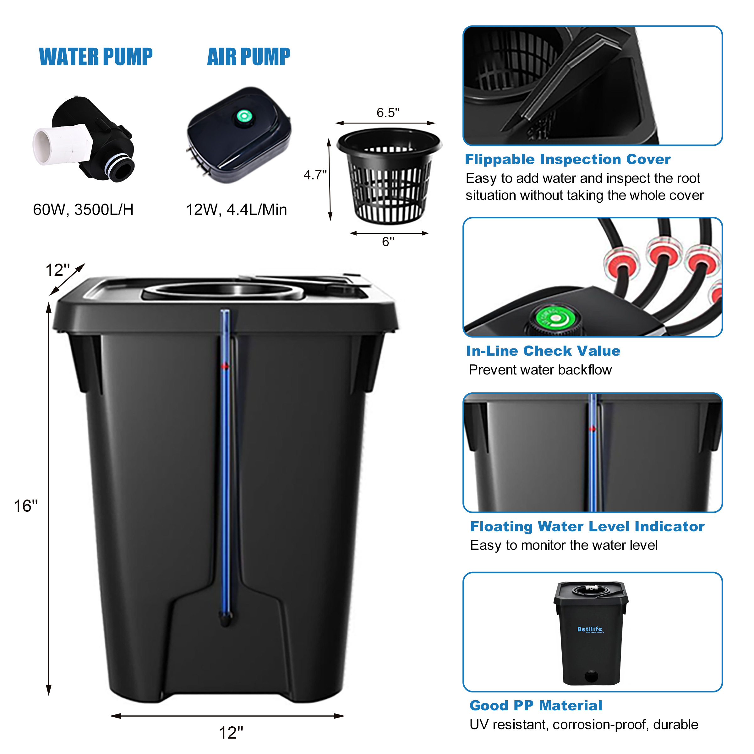 6 Betilife 4 Buckets RDWC Hydroponic System 7 Gallon 27L Detailed Introduction