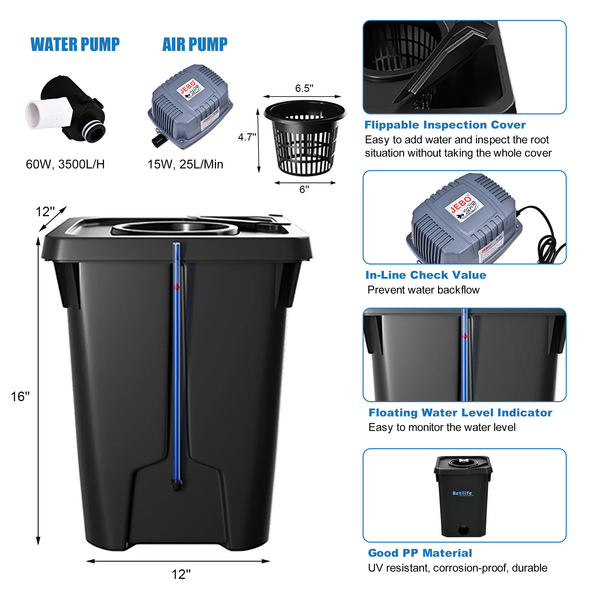 Betilife 6 Buckets RDWC Hydroponic System 7 Gallon 27L Detailed Introduction