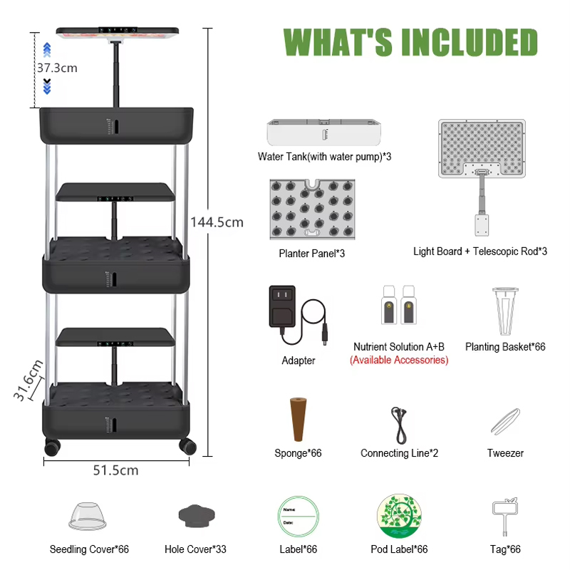 66 Pods Hydroponics Growing System Kits w/ LED Grow Light & Adjustable Vertical Garden, Package List