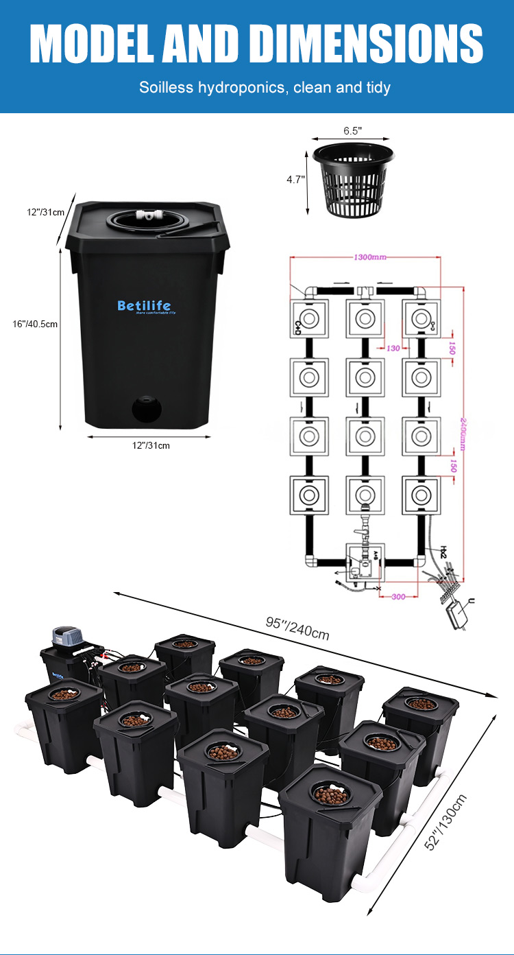 Betilife RDWC Product Details 12 Buckets RDWC Hydroponic System 7 Gallon 27L Introduction Model and Dimensions