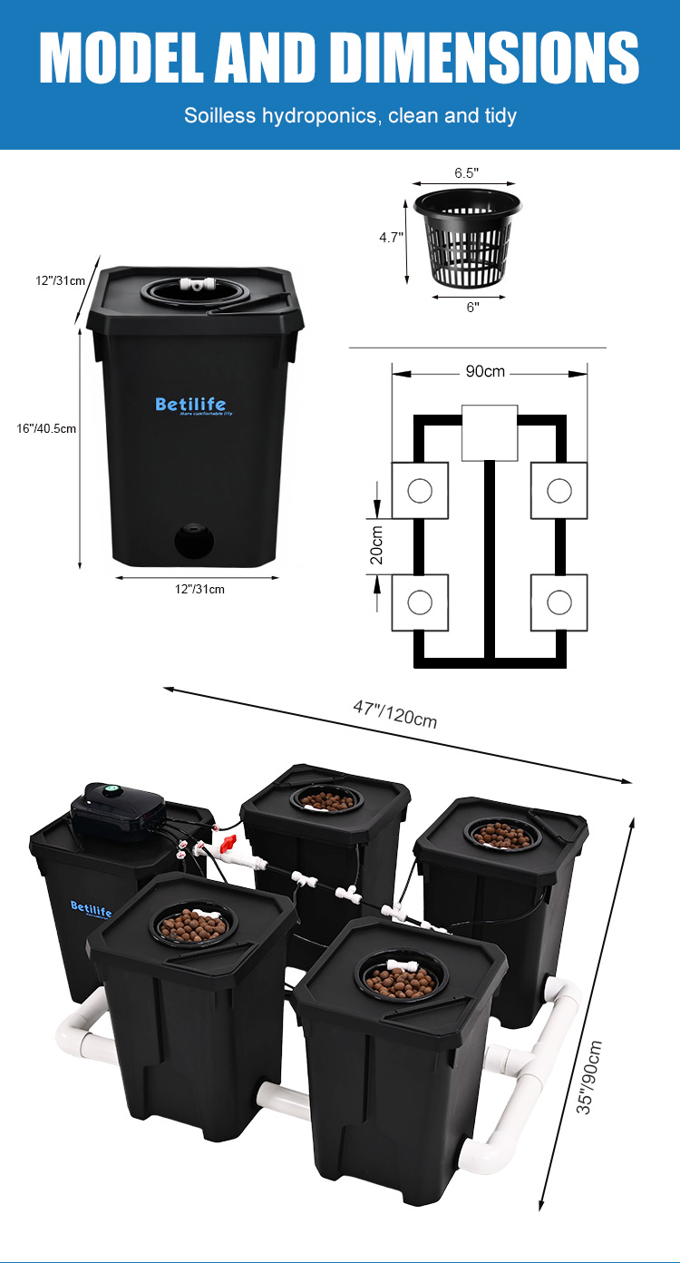 7 04 Betilife RDWC Product Details 4 Buckets RDWC Hydroponic System 7 Gallon 27L Detailed Introduction Model and Dimensions