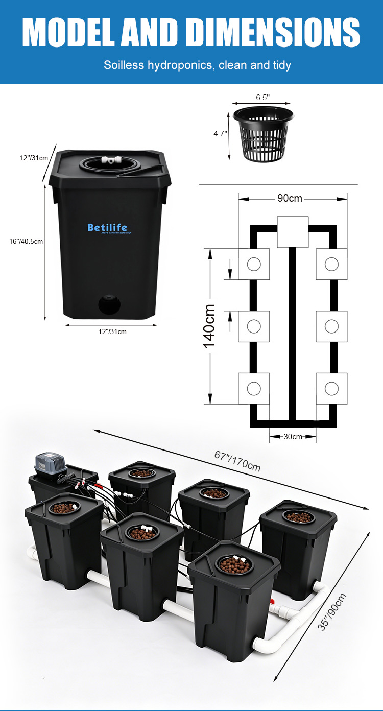Betilife RDWC Product Details 6 Buckets RDWC Hydroponic System 7 Gallon 27L Detailed Introduction Model and Dimensions