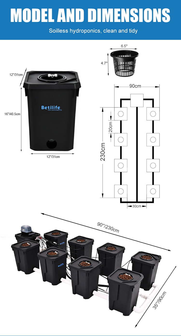 Betilife RDWC Product Details 8 Buckets RDWC Hydroponic System 7 Gallon 27L Introduction Model and Dimensions