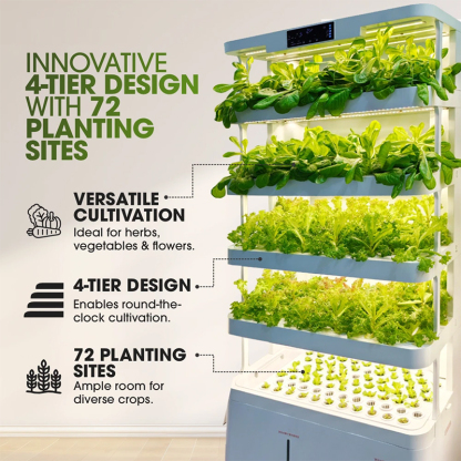 72 Pods 5-Tier Smart Hydroponic Garden Tower w/ LED Mist Spray Airflow, Innovative 4-tier design with 72 planting sites
