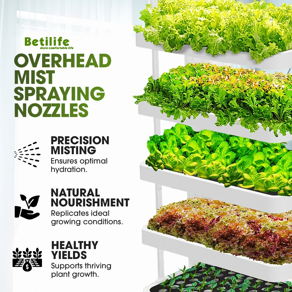 【Pro】72 Pods 76 Pots Germination Bed Hydroponic System Kits 5-Tier Structure Vertical Garden Tower with LED Daylights, Mist Spray, Airflow, Ventilation, and Nutrient Flow Controlled, Timer, Water Cycles. Overhead Mist Spraying Nozzles