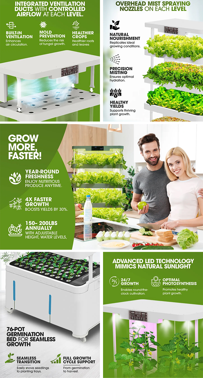 【Pro】72 Pods 76 Pots Germination Bed Hydroponic System Kits 5-Tier Structure Vertical Garden Tower with LED Daylights, Mist Spray, Airflow, Ventilation, and Nutrient Flow Controlled, Timer, Water Cycles Product Details 2