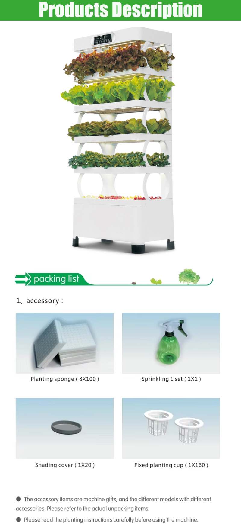 72 Pods 85 Seeding Sites Hydroponic Growing System 5-Tier Vertical Vegetable Garden With LED Grow Lights, Timer, Nutrient Tank, Adapter, Hydrating Pump, Seeding Bed, and Net Pots. Products Description