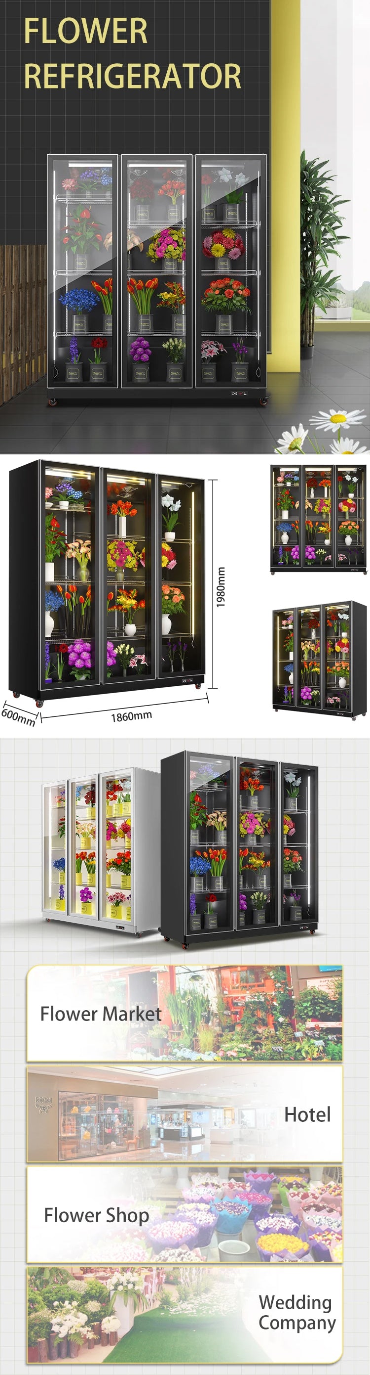 Commercial Floral Coolers, Swinging 3-door Floral Display Refrigerators Price, Black,115V/60 Hz,1860*600*1980mm
