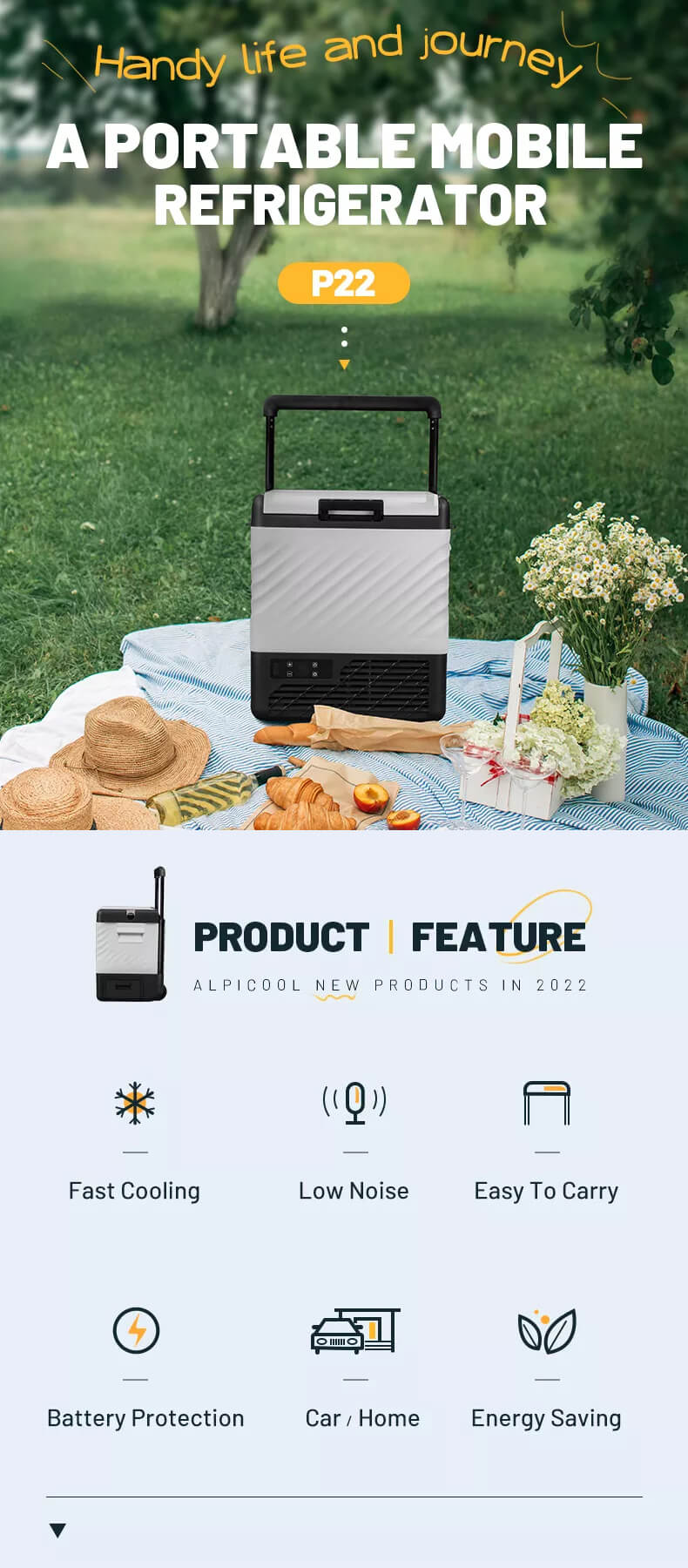 Alpicool P22 Mini Fridge For Car With Removable Battery And Solar Powered Description 1