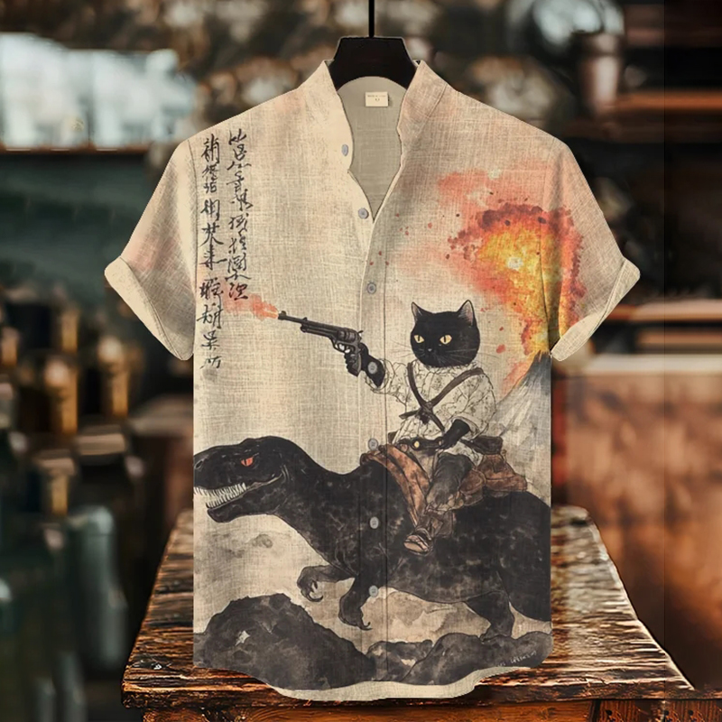 Men's Retro Calligraphy Cat Dinosaur Volcanic Eruption Print Short Sleeve Shirt