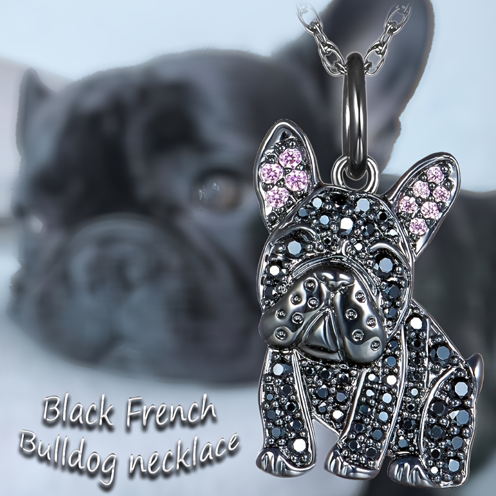 🎁 48% sleva na všechny produkty !🌟 Kreslený nádherný lesklý náhrdelník s přívěskem z černého buldoka zdobený kamínky 🐶