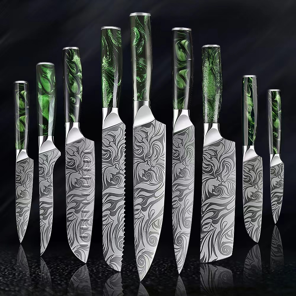 Sada japonských kuchařských nožů, zelená pryskyřicová ergonomická rukojeť