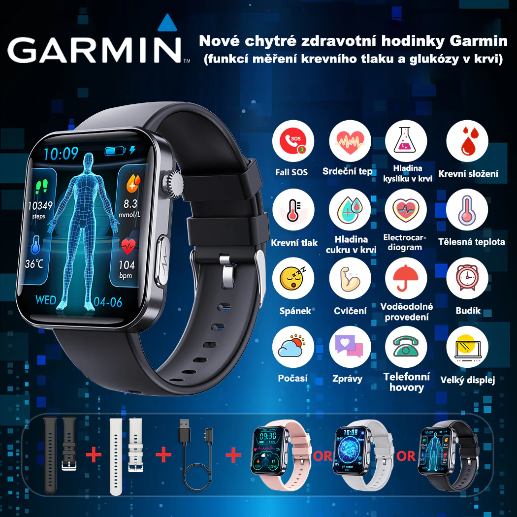 ⌚️ 2026 vylepšená verze! Garmin AI chytré hodinky pro zdraví – sledování hladiny cukru v krvi a krevního tlaku, funkce volání, 2 řemínky zdarma 🎁📞