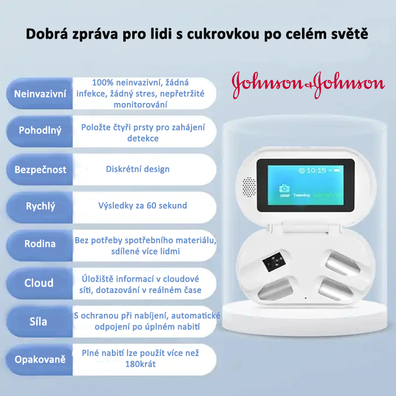 Nový typ neinvazivního glukometru společnosti Johnson & Johnson, který měří hladinu cukru v krvi včas bez nutnosti propichování prstů