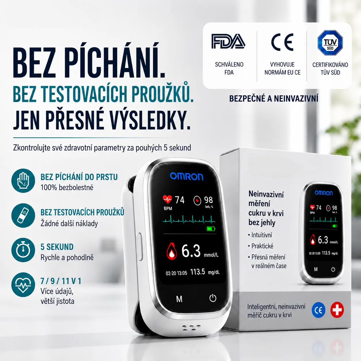 🩸 Omron™ 11v1 bezbolestný glukometr bez píchání • Bez testovacích proužků • Výsledky za pouhých 5 sekund