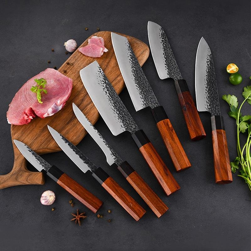 Conjunto de facas de cozinha japonesas, conjunto de faca profissional forjada à mão de 7 peças