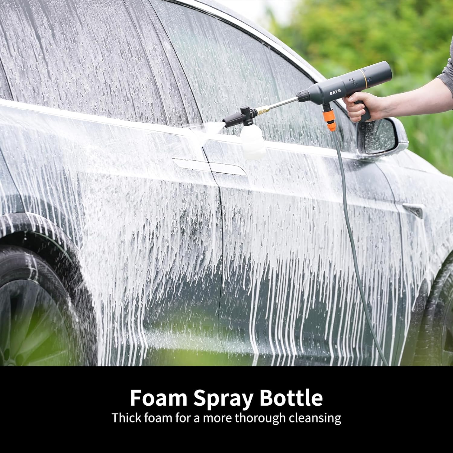 BAYU 2v1 bezdrátová tlaková myčka, 200PSI přenosná myčka aut, s baterií 15000mAh a 6v1 tryskou – ruční tlaková myčka vhodná pro auta, domácnost i zahradu.