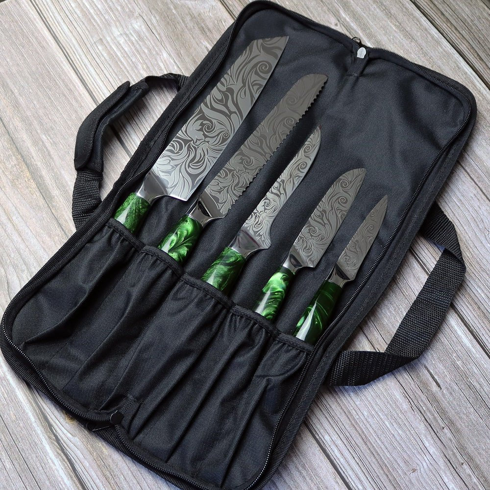 Conjunto de facas de chef japonês, cabo ergonômico de resina verde