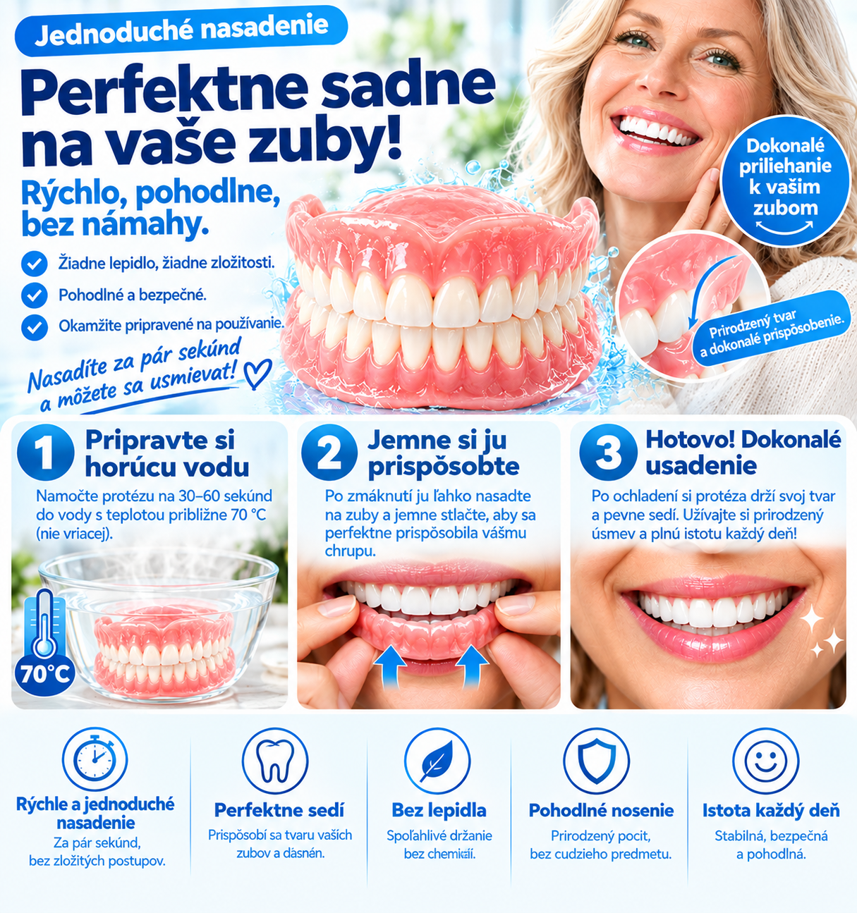 Pohodlná, jednodílná a vyjímatelná zubní náhrada, která perfektně sedí a snadno se čistí.