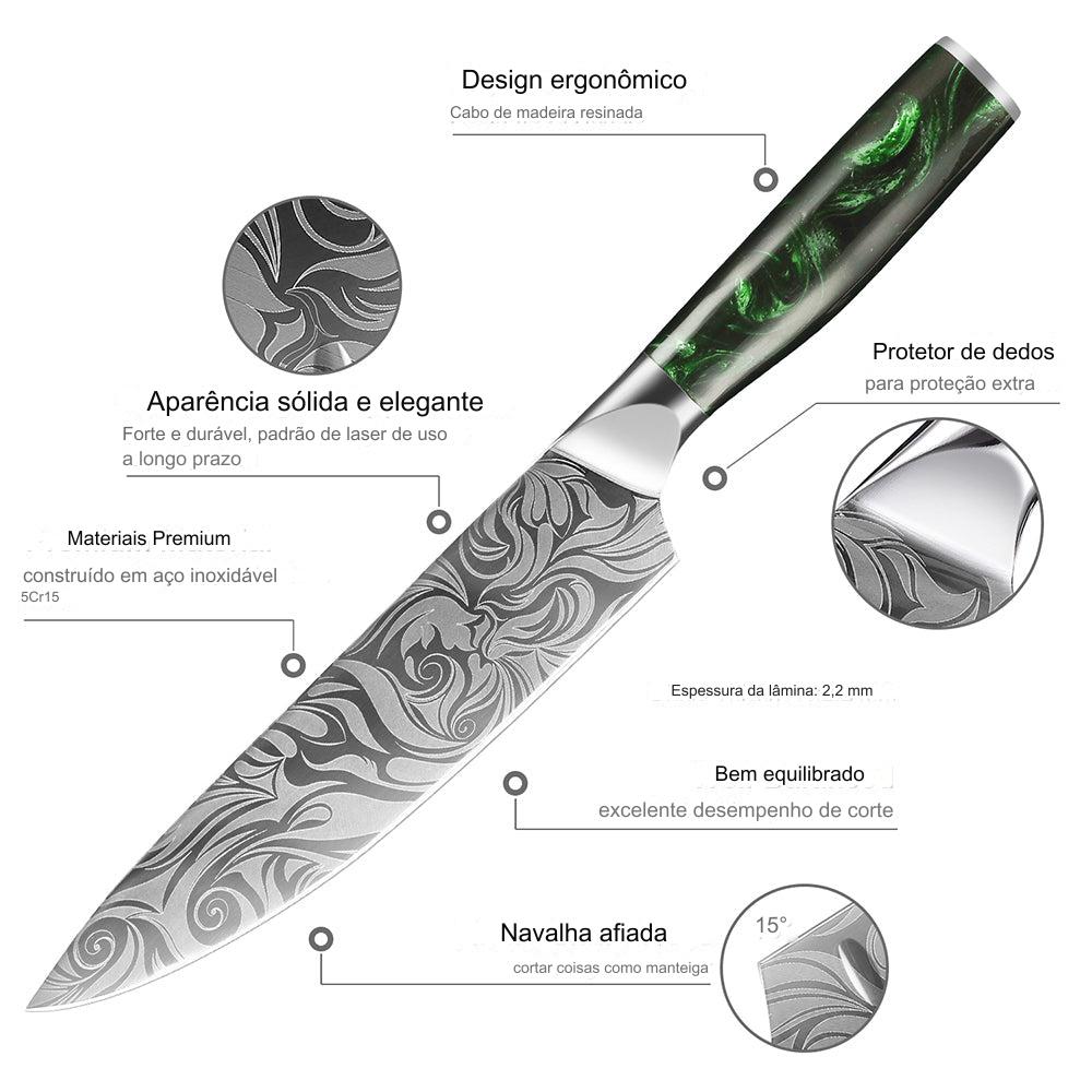Conjunto de facas de chef japonês, cabo ergonômico de resina verde