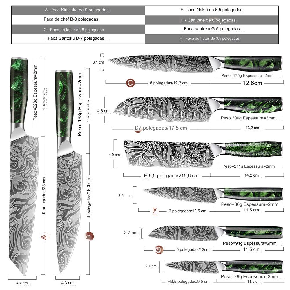 Conjunto de facas de chef japonês, cabo ergonômico de resina verde